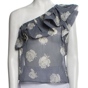 MISA Los Angeles One-Shoulder Ruffle Blouse Medium | Blue White Sheer Ruffle Top